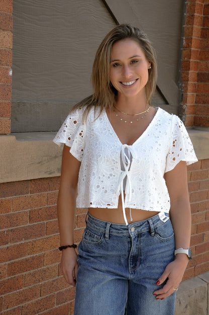 Eyelet Tie-front Lined Cotton Top