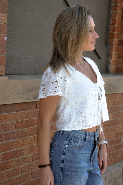 Eyelet Tie-front Lined Cotton Top