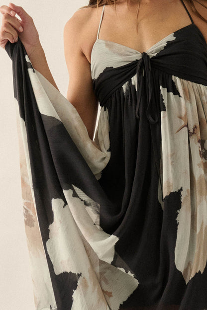 Painted Peonies Floral Chiffon Halter Maxi Dress