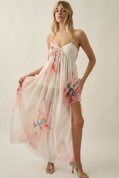 Painted Peonies Floral Chiffon Halter Maxi Dress
