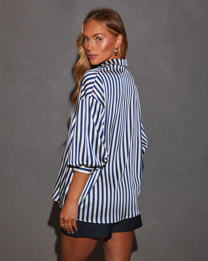 Blake Striped Blousson Sleeve Collared Satin Shirt