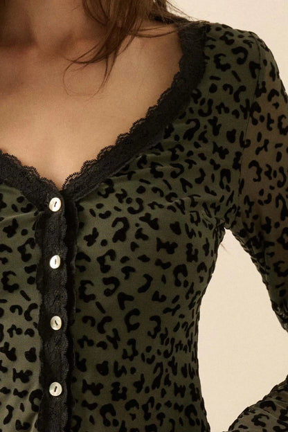 Wild Child Leopard Mesh Button-Front V-Neck Top