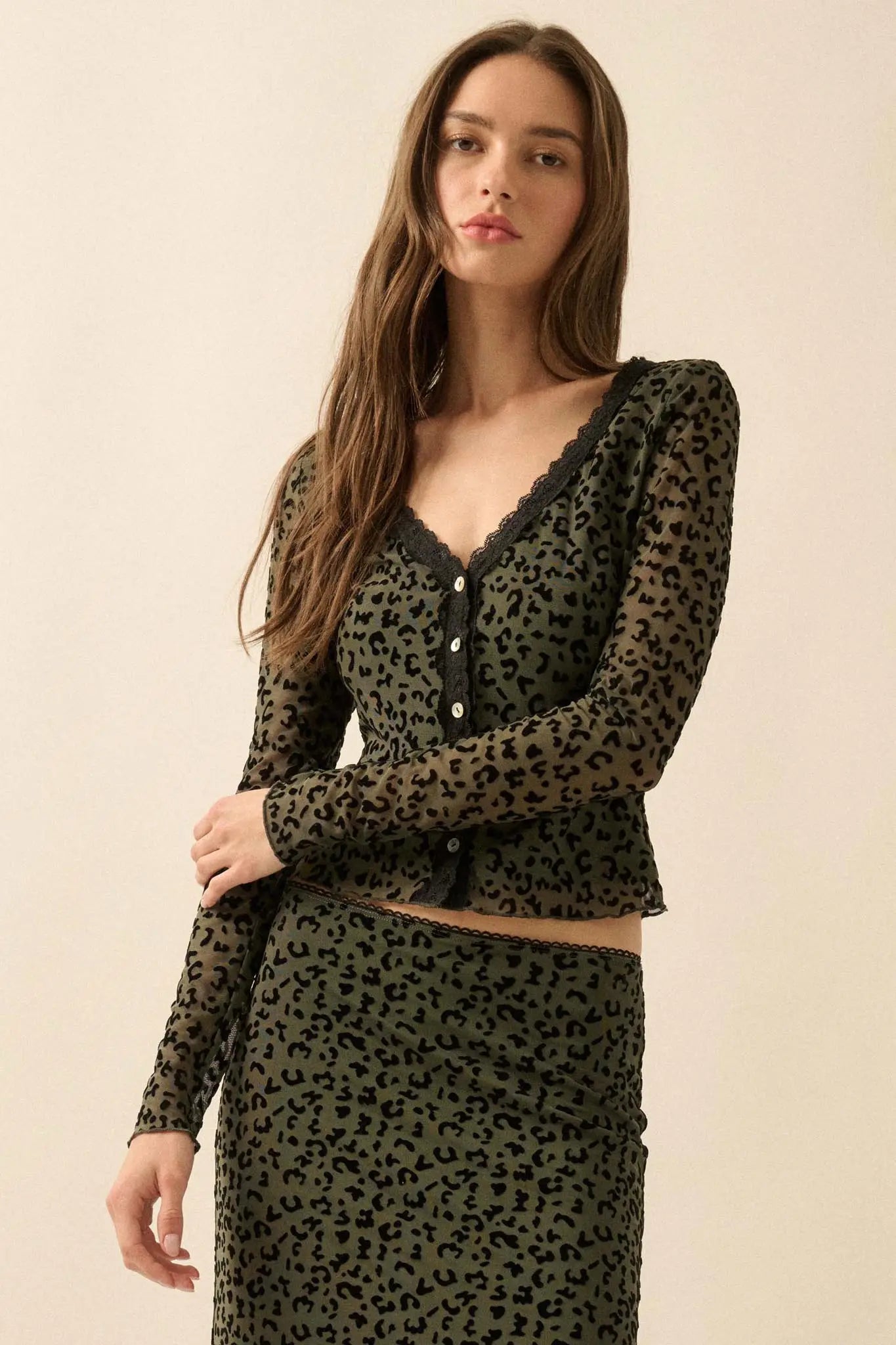 Wild Child Leopard Mesh Button-Front V-Neck Top