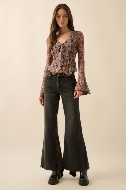 Rose Knows Floral Mesh Tie-Front Bell-Sleeve Top