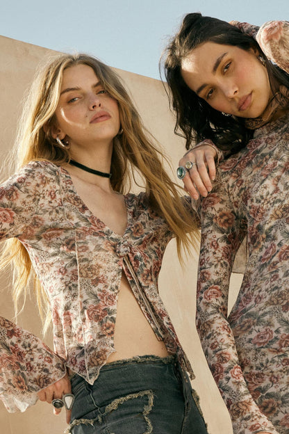 Rose Knows Floral Mesh Tie-Front Bell-Sleeve Top