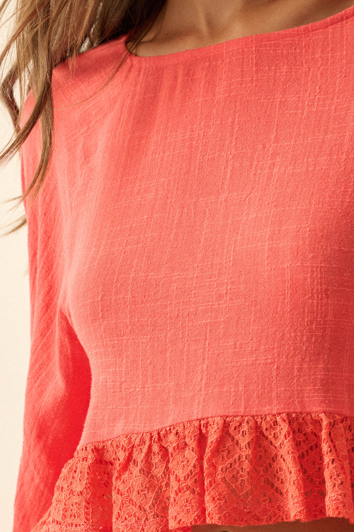 Fancy Free Cotton Gauze and Lace Angel-Sleeve Top