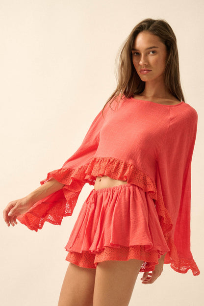Fancy Free Cotton Gauze and Lace Angel-Sleeve Top