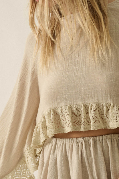 Fancy Free Cotton Gauze and Lace Angel-Sleeve Top