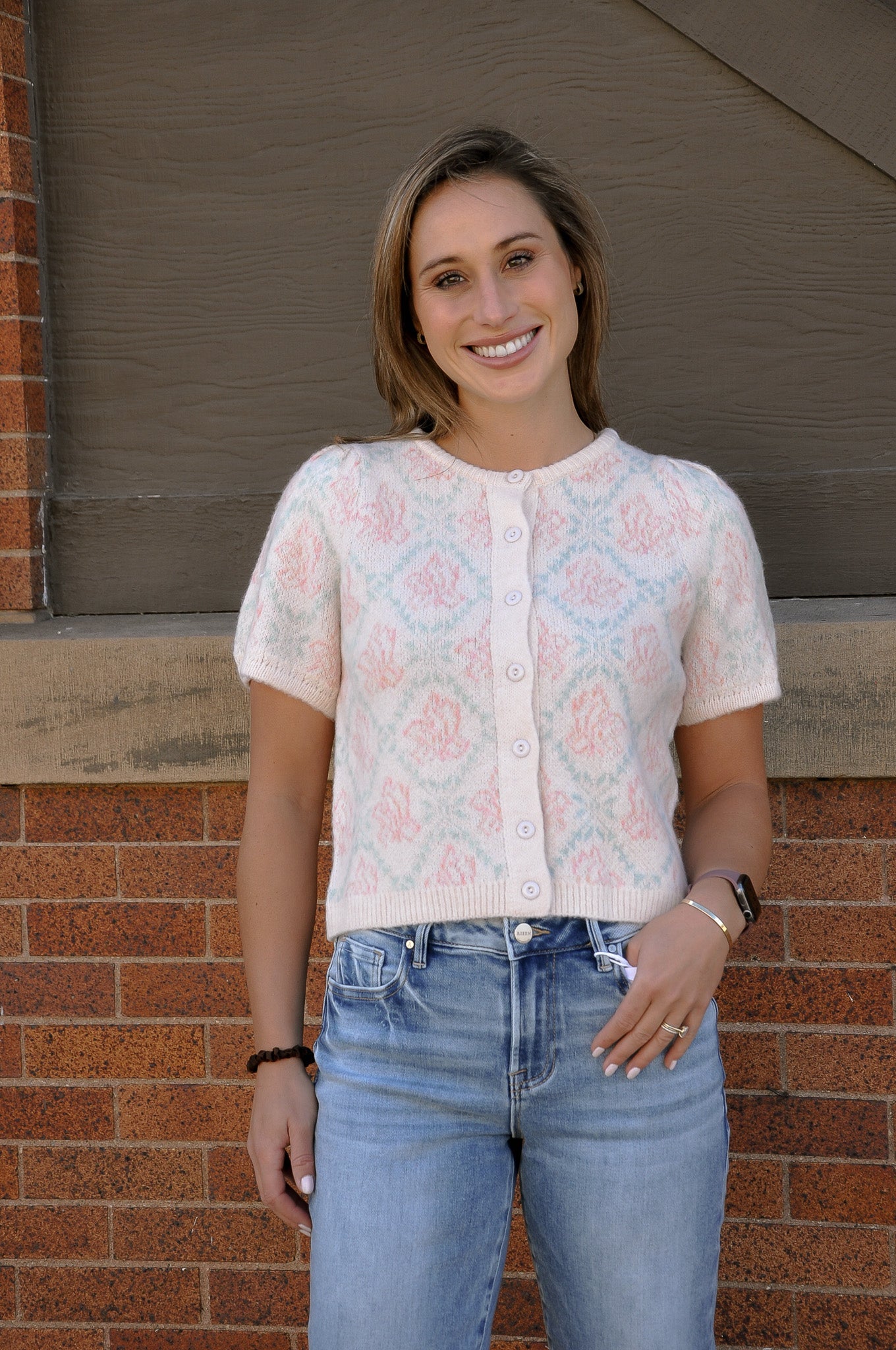 Floral Short Sleeve Sweater Cardigan