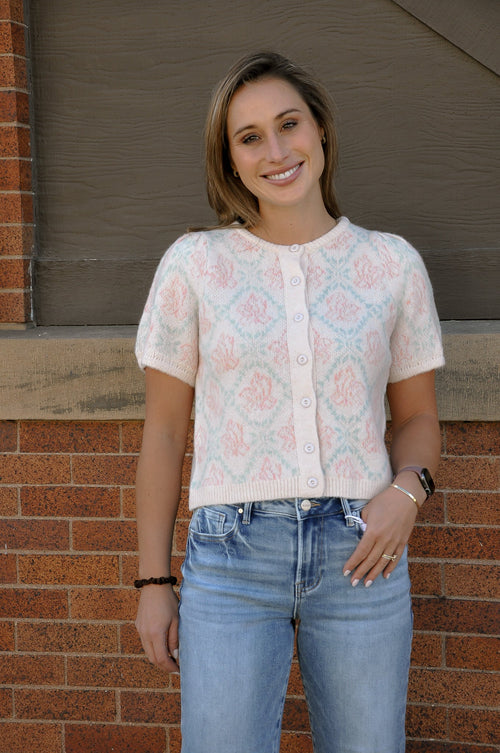 Floral Short Sleeve Sweater Cardigan