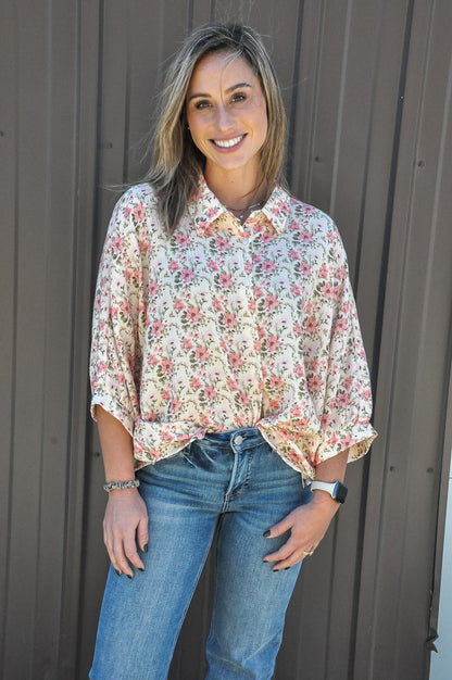 Flower Crinkle Short Dolman Blouse