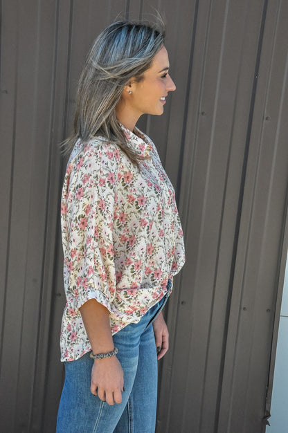 Flower Crinkle Short Dolman Blouse