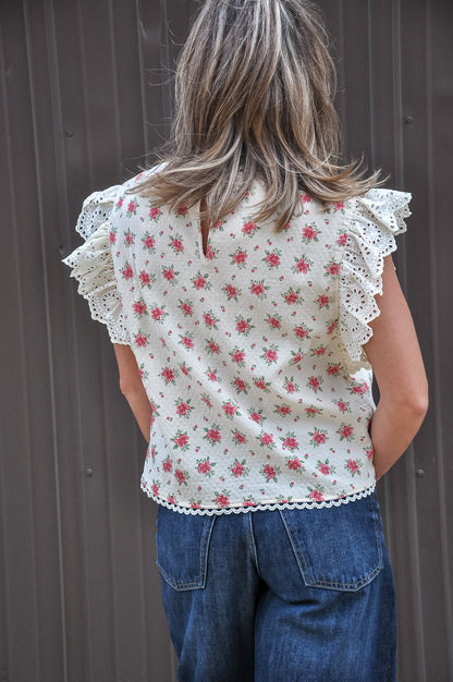 Flower Printed Lace Trim Blouse