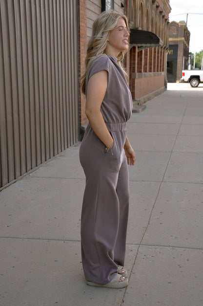 High Neck Pleated Shoulder Jumpsuit