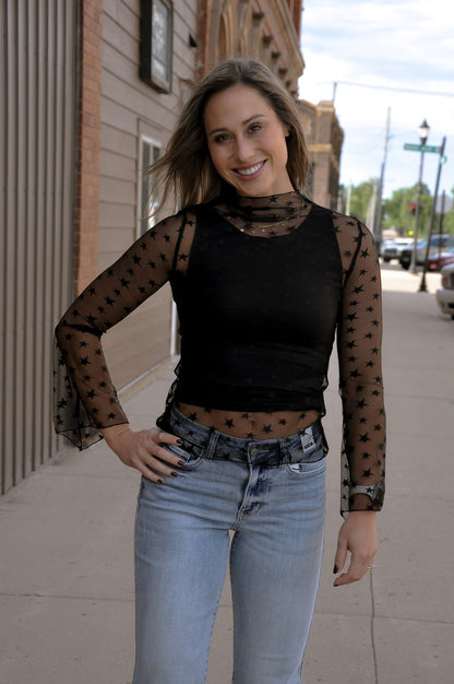 High Neckline Bell Sleeves Star Mesh Top