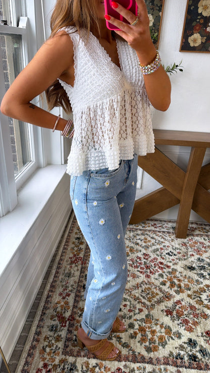 The Daisy Stitch Straight Leg Denim, Medium Wash