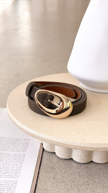 Celina Organic Buckle Belt - Olive Genuine Leather