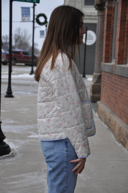 Ivory Floral Printed Quilted Jacket