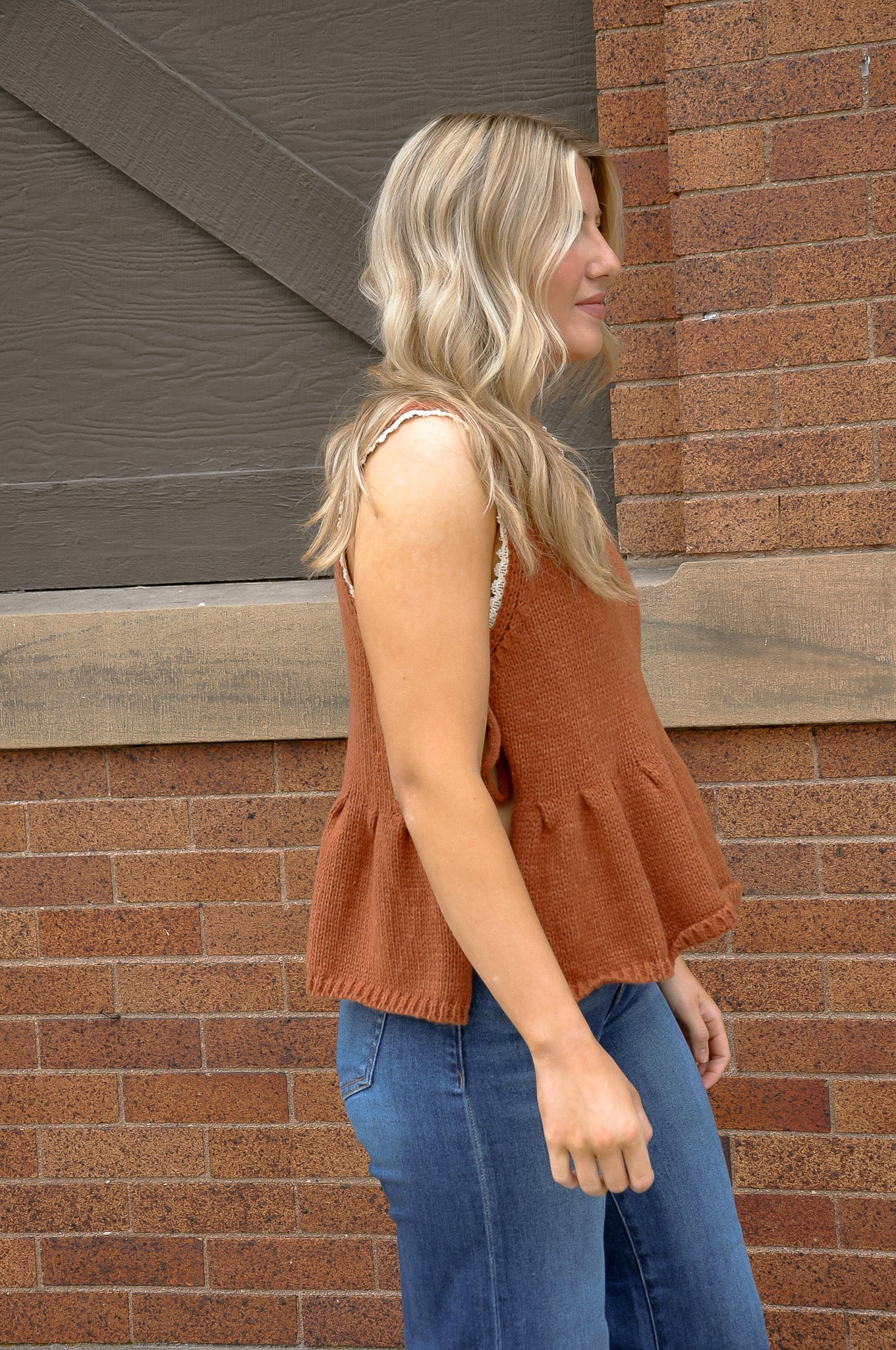 Lace Trim Side Tie Knit Peplum Top