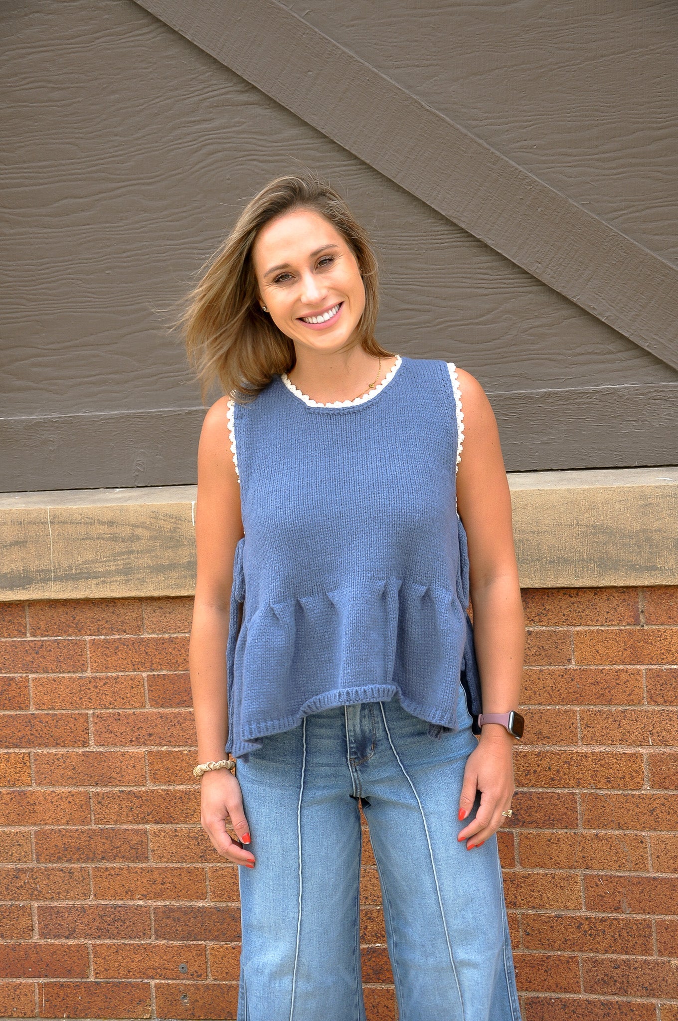 Lace Trim Side Tie Knit Peplum Top