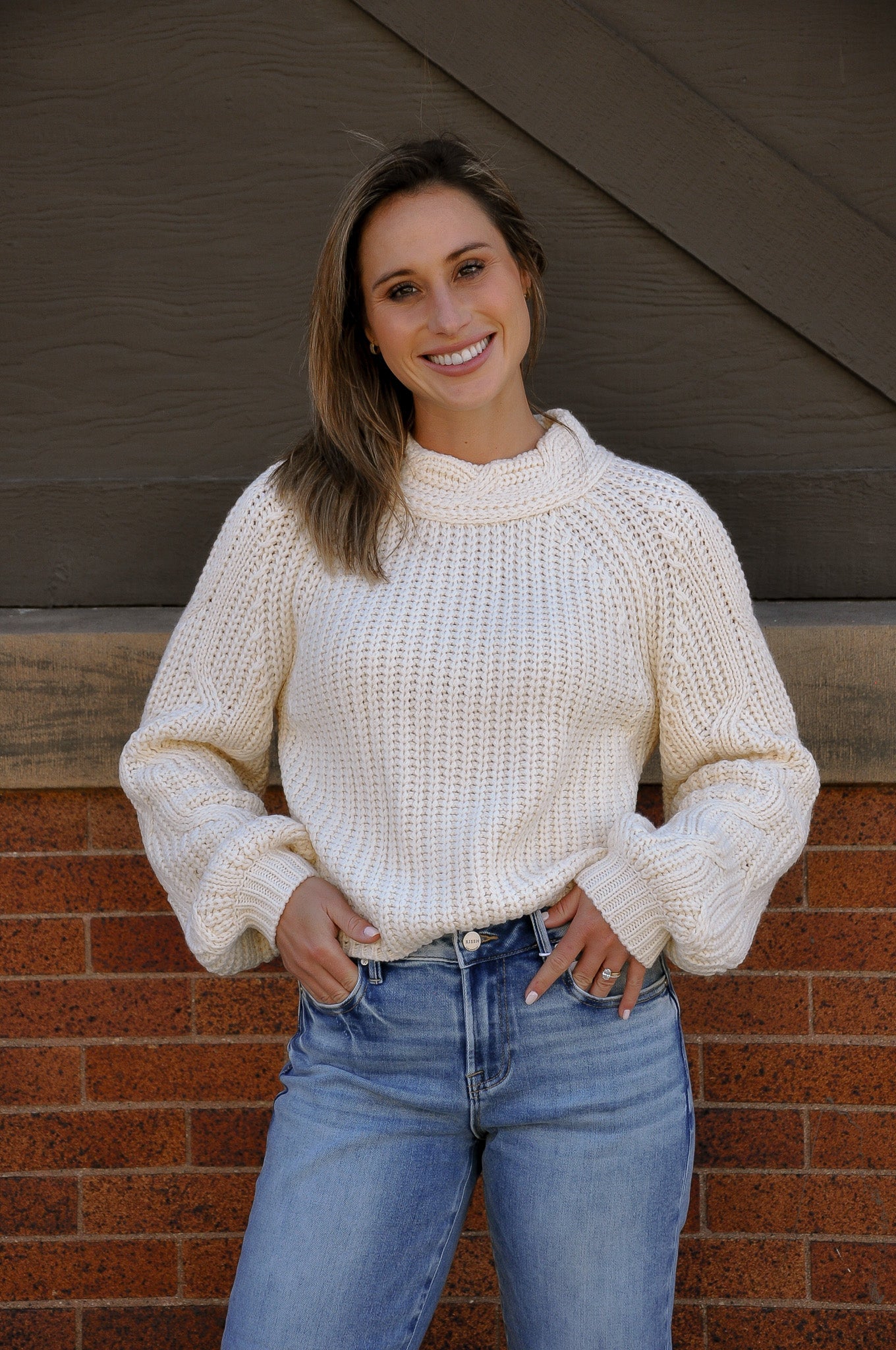 Mock Neck Cable Knit Sleeve Sweater