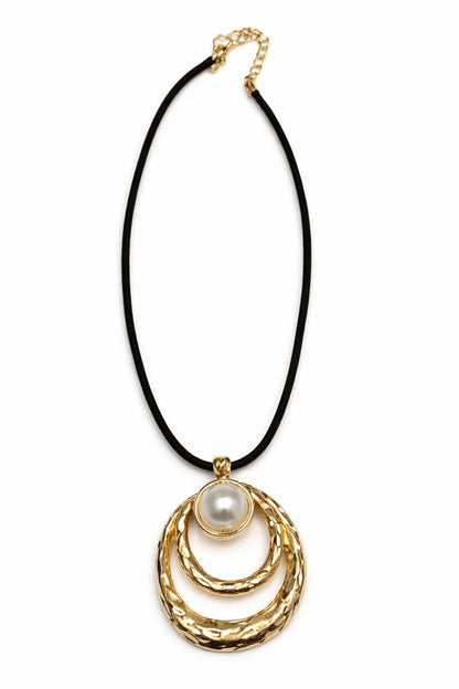 Avalon Pearl and Hammered Gold Hoop Cord Necklace