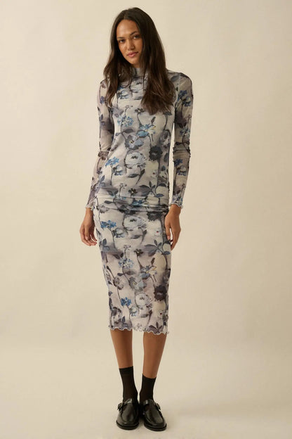 Watercolor Garden Floral Mesh Mock-Neck Midi Dress