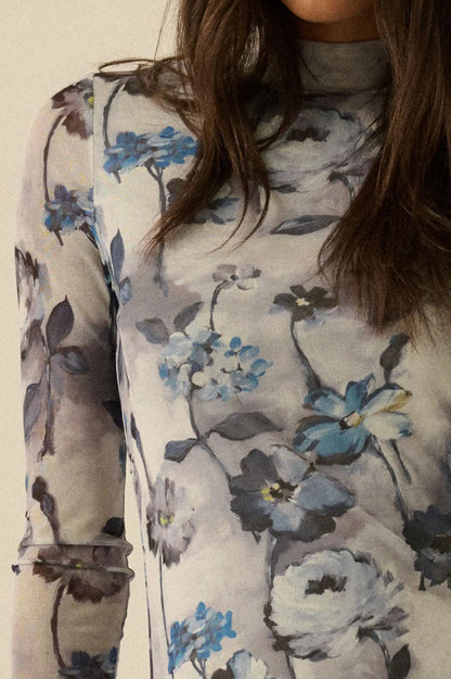 Watercolor Garden Floral Mesh Mock-Neck Midi Dress
