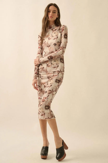 Watercolor Garden Floral Mesh Mock-Neck Midi Dress
