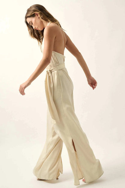 Style Icon Satin Belted Wide-Leg Halter Jumpsuit