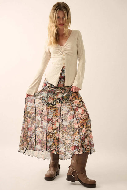 Autumn Harvest Floral Mesh Paneled Maxi Skirt