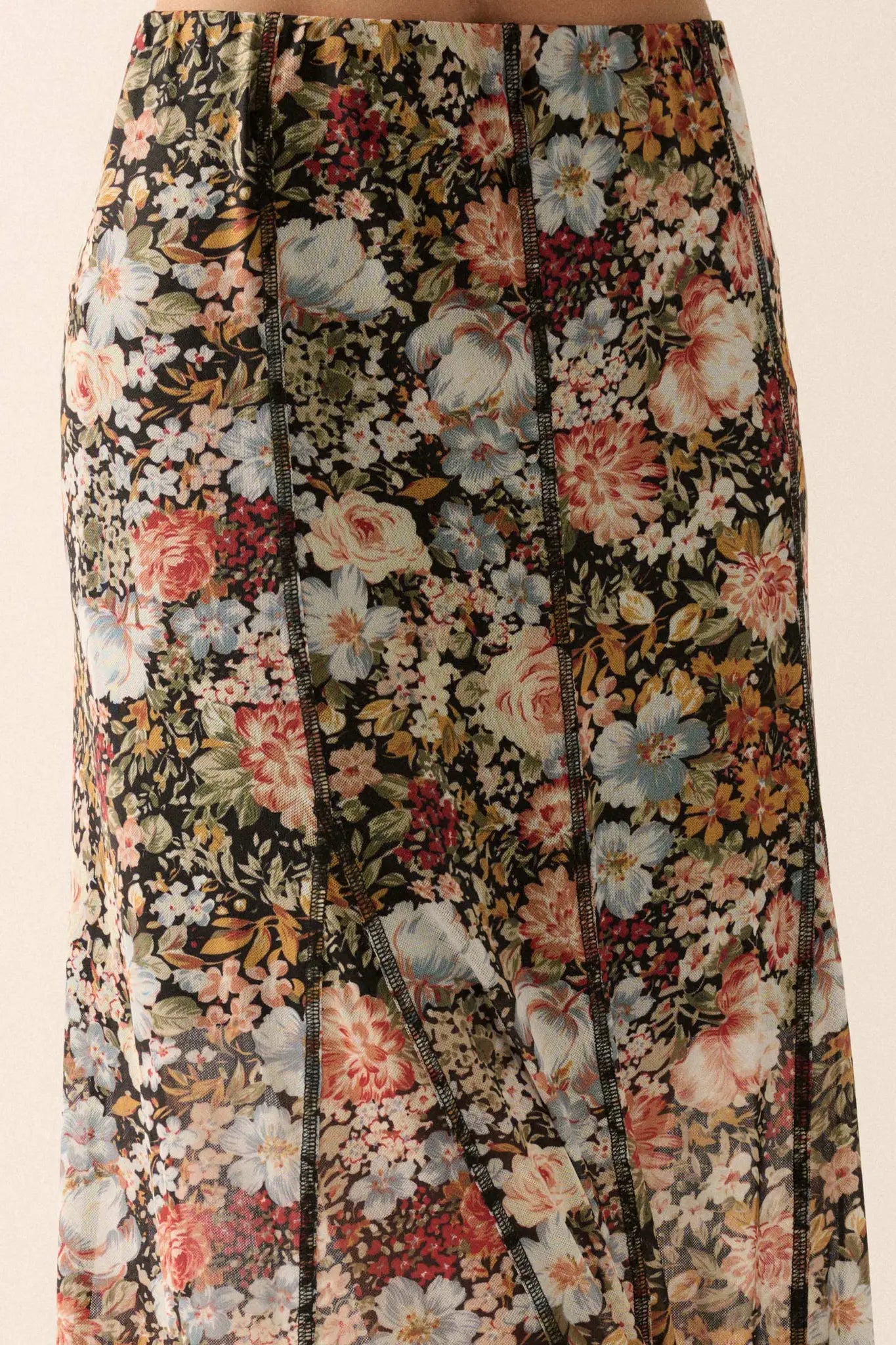Autumn Harvest Floral Mesh Paneled Maxi Skirt