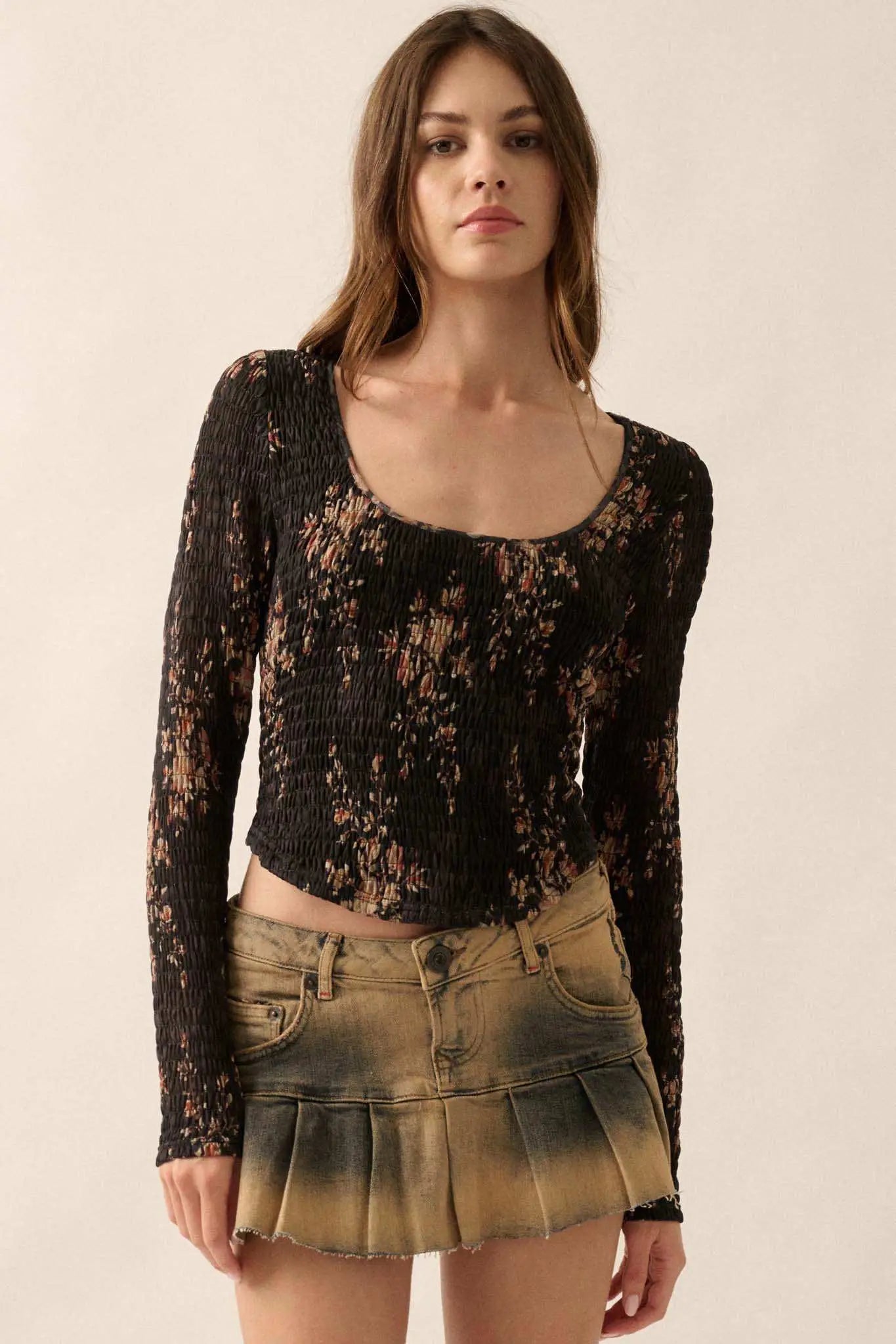 Wildflower Heart Smocked Floral-Print Corset Top