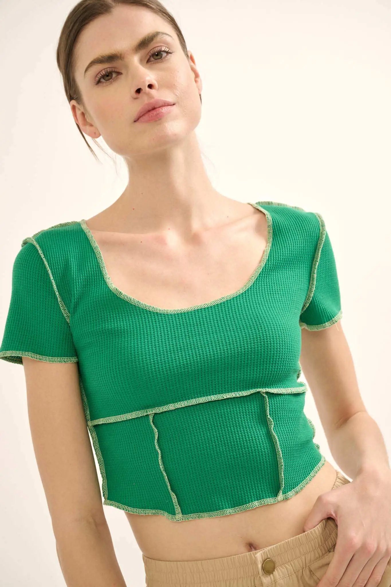 Never Say Never Cropped Exposed-Seam Waffle Tee