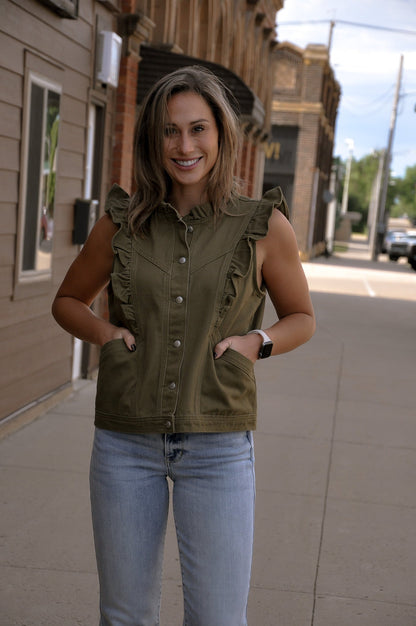 Olive Ruffle Trim Utility Vest