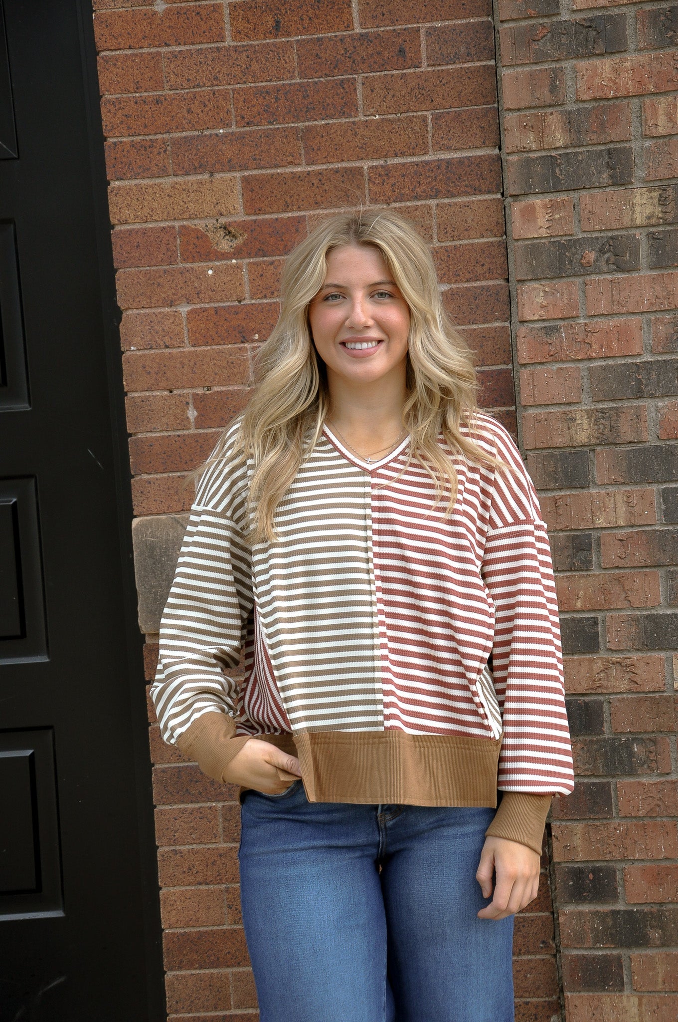 Open Seam Detail Striped Thermal Top