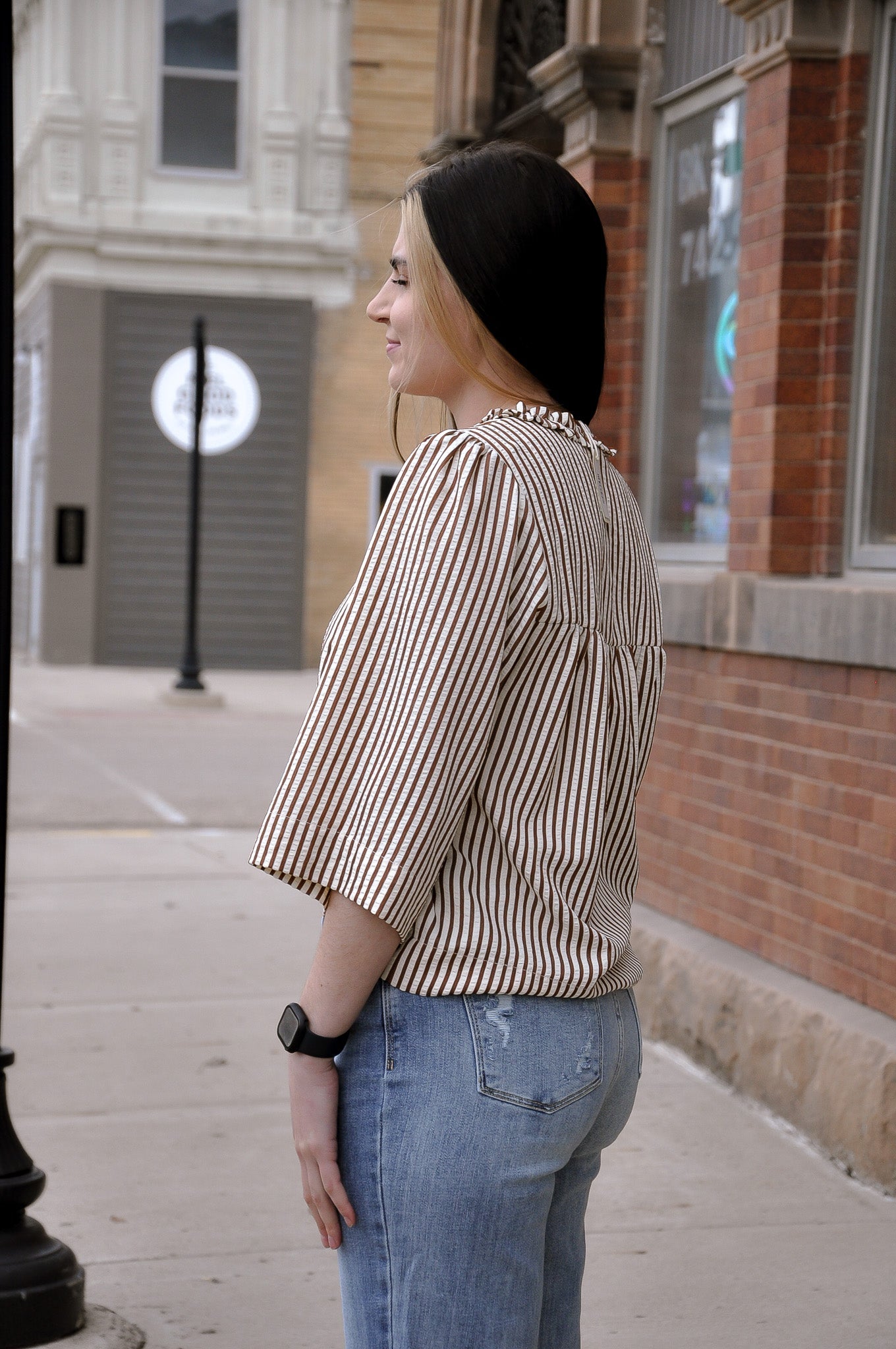 Ruffled Neckline Button Down Stripe Top