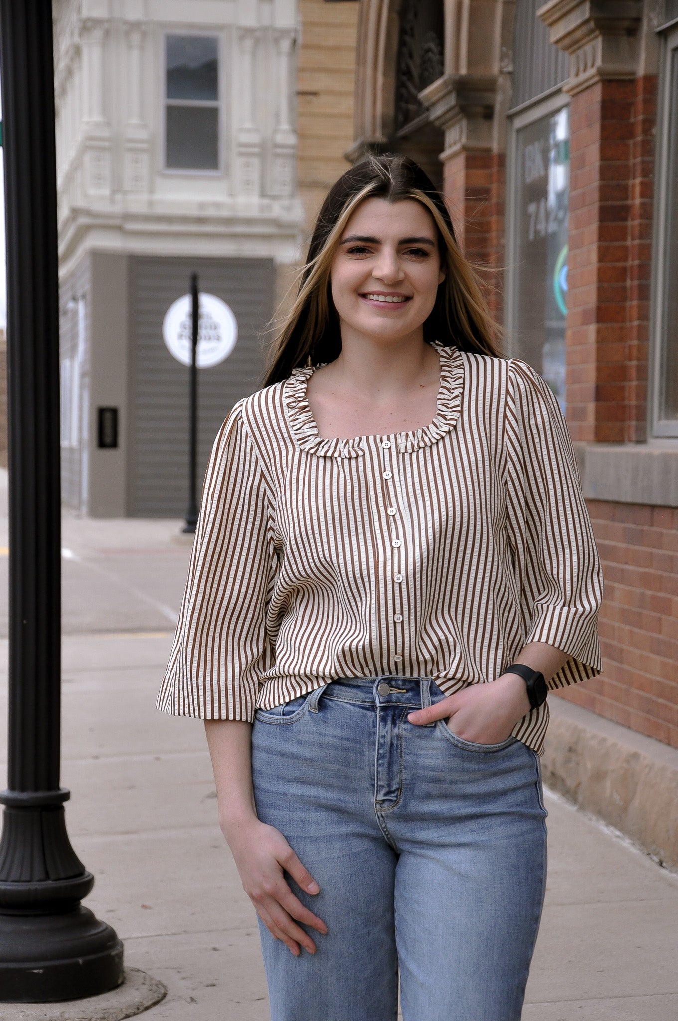 Ruffled Neckline Button Down Stripe Top