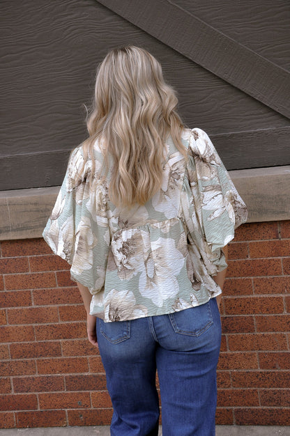 Sage Floral Printed V-Neck Top