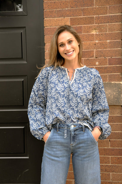 Scallop Hem Leaf Print Peasant Top