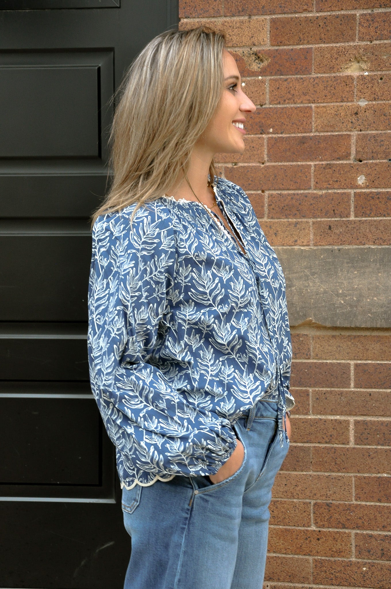 Scallop Hem Leaf Print Peasant Top