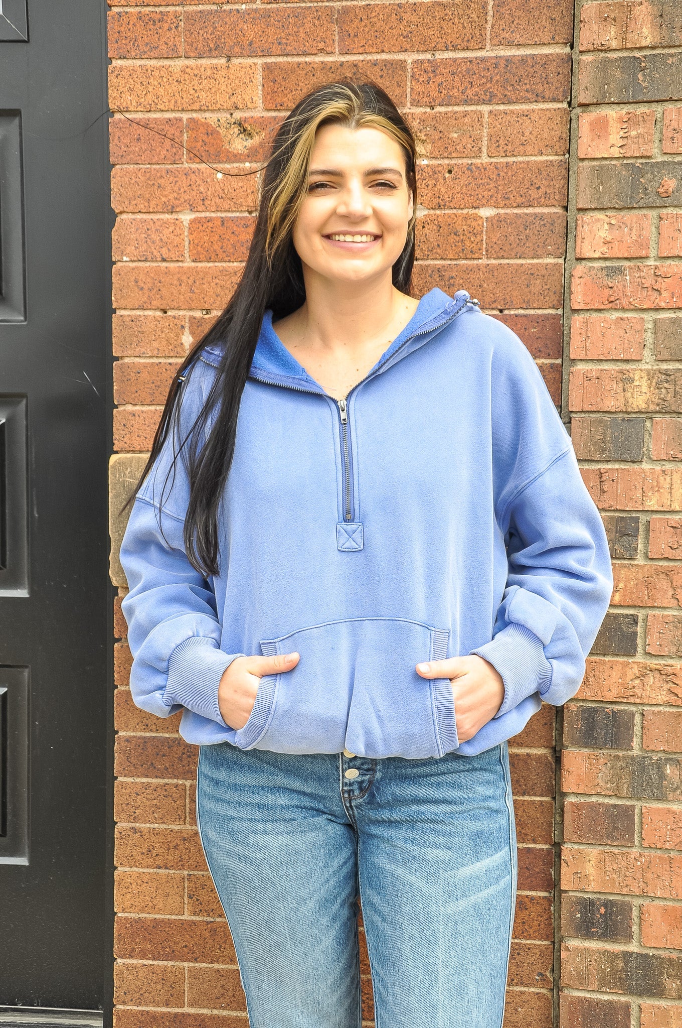 Stitch Detailed Elastic Hem Half Zip Hoodie