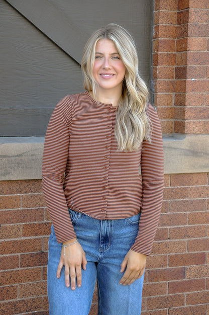 Striped Knit LS Button Up Cardigan