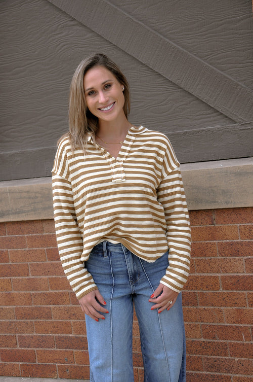 Textured Stripe Split Neck LS Top