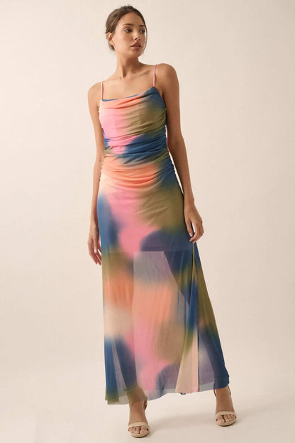 True Colors Tie-Dye Mesh Ruched Corset Maxi Dress
