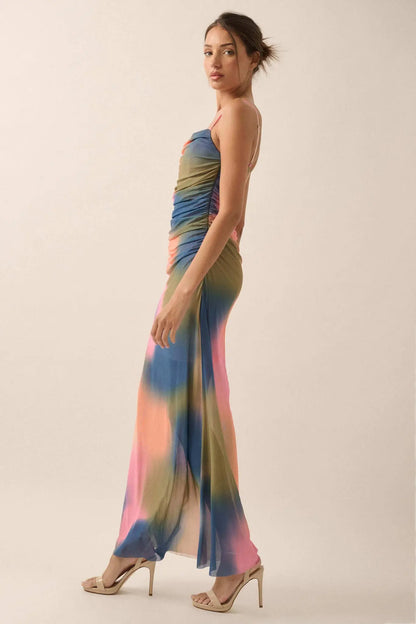 True Colors Tie-Dye Mesh Ruched Corset Maxi Dress