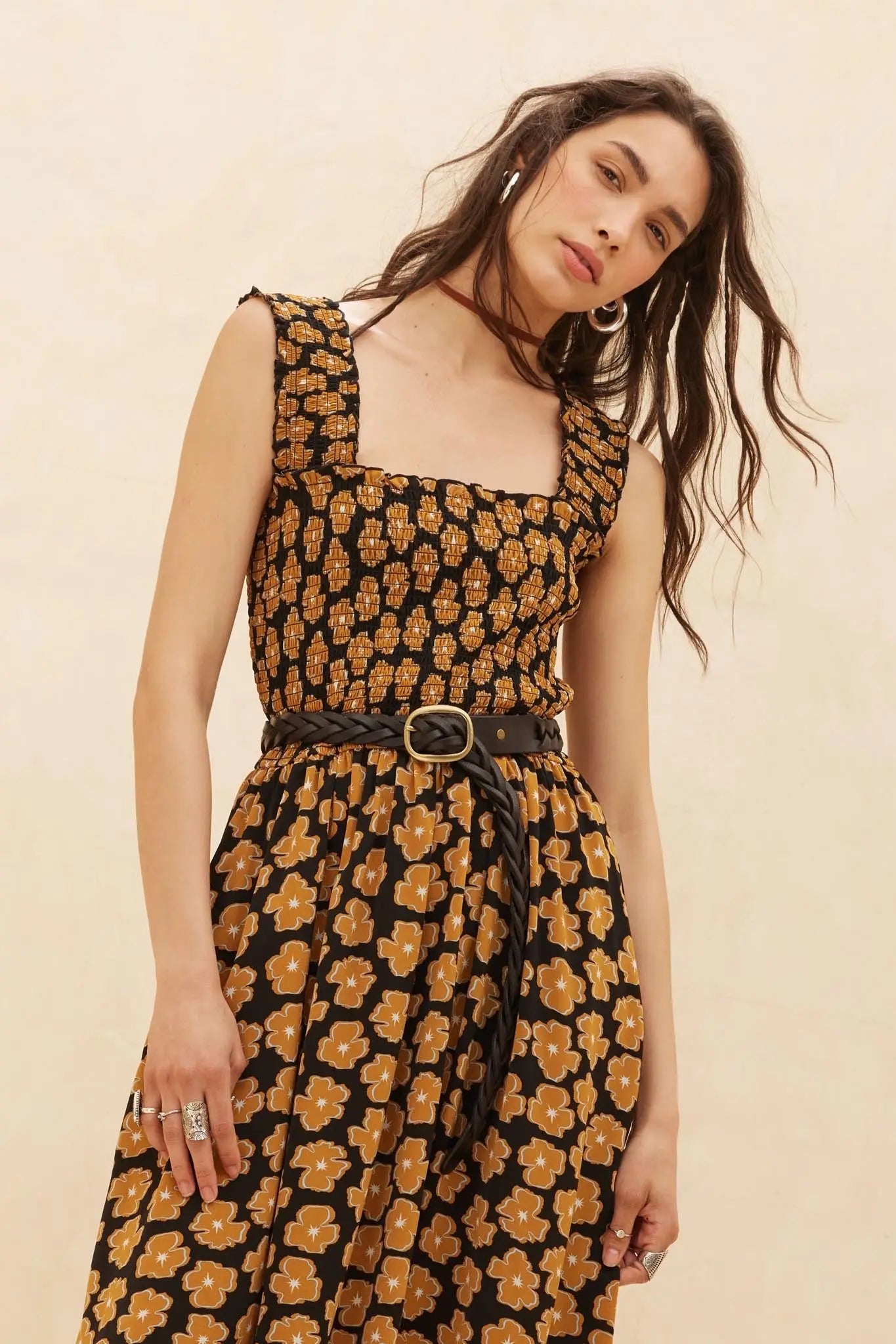 Vintage Blooms Floral Smocked Midi Dress