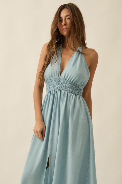 Beautiful Skies Denim Open-Back Halter Maxi Dress