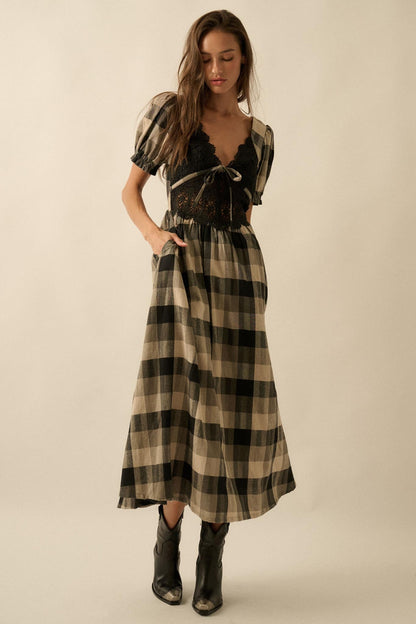 True Country Plaid and Lace Puff-Sleeve Midi Dress