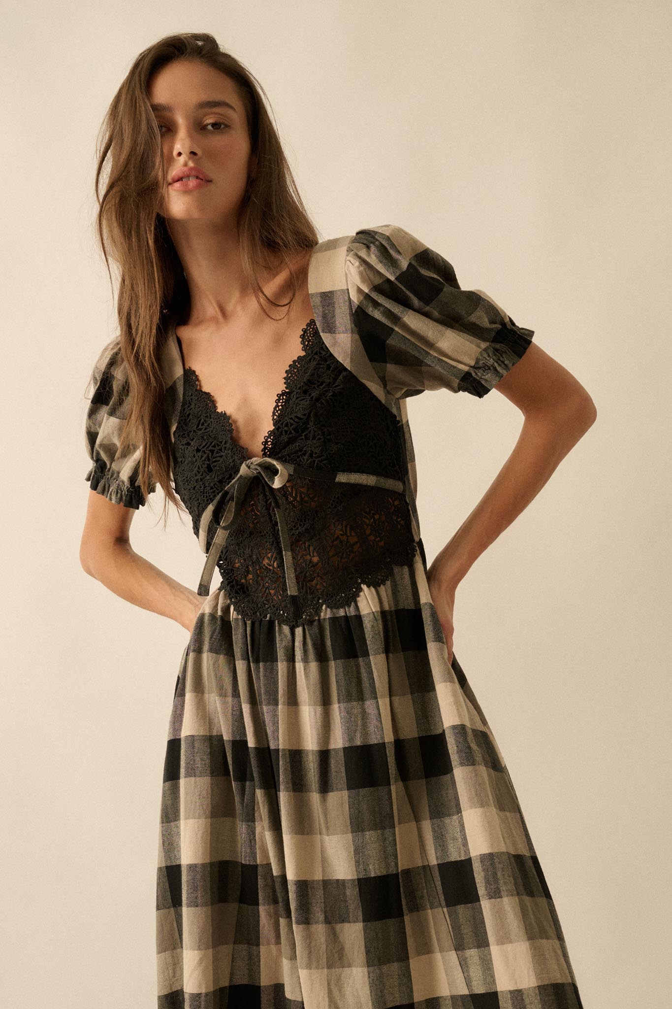 True Country Plaid and Lace Puff-Sleeve Midi Dress